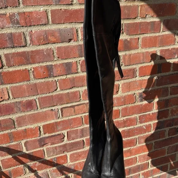 Via Spiga over the knee high black leather heeled boots tie strap