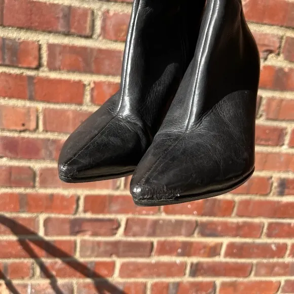 Via Spiga over the knee high black leather heeled boots tie strap