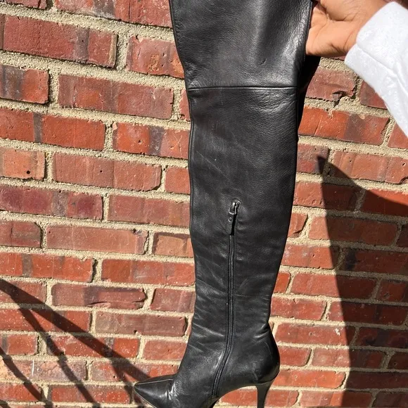 Via Spiga over the knee high black leather heeled boots tie strap