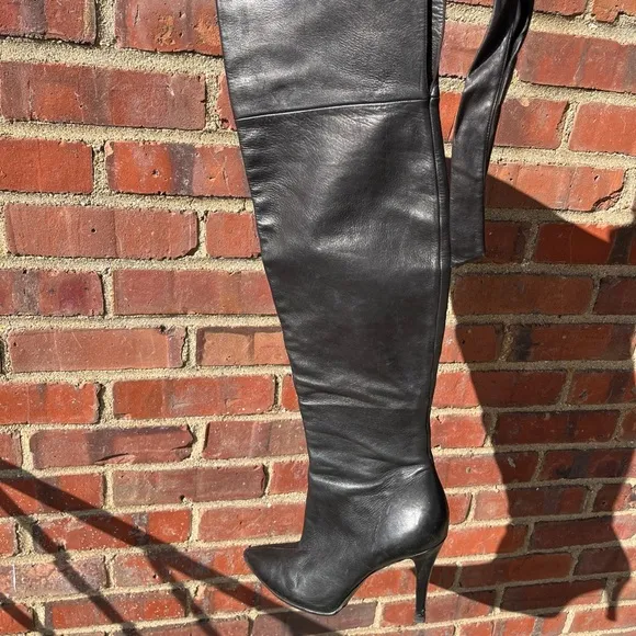 Via Spiga over the knee high black leather heeled boots tie strap
