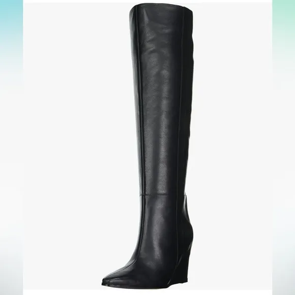 VINCE Camuto Tiasie Black Knee High Leather boots Wedge Pointed 6.5 New