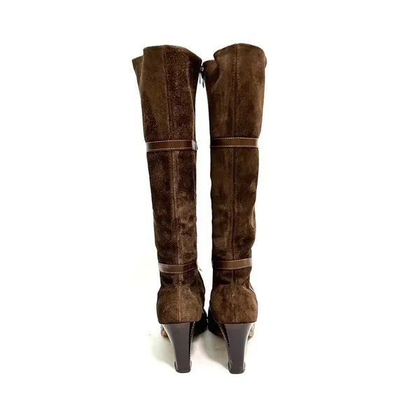 Vintage 1970s brown suede leather accent knee high zip up heeled fashion boots