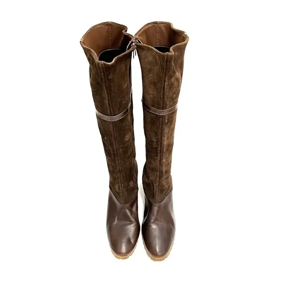 Vintage 1970s brown suede leather accent knee high zip up heeled fashion boots