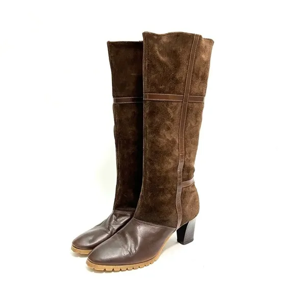 Vintage 1970s brown suede leather accent knee high zip up heeled fashion boots