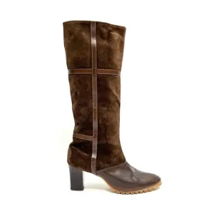 Vintage 1970s brown suede leather accent knee high zip up heeled fashion boots