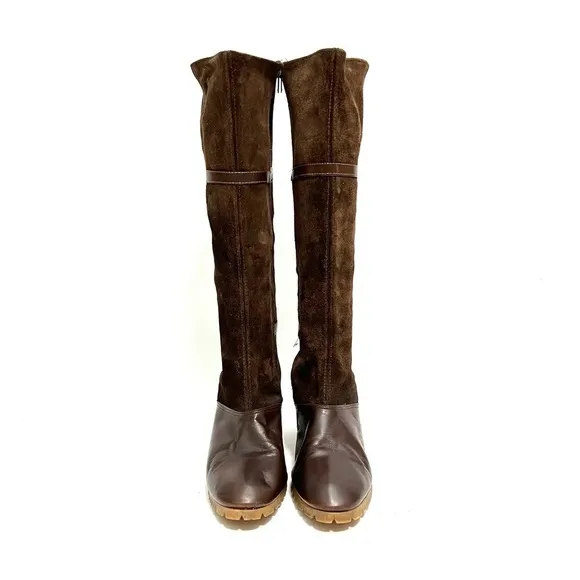 Vintage 1970s brown suede leather accent knee high zip up heeled fashion boots