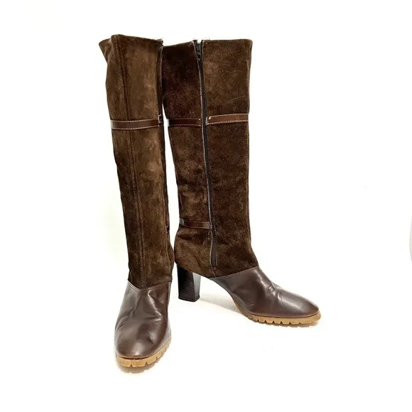 Vintage 1970s brown suede leather accent knee high zip up heeled fashion boots