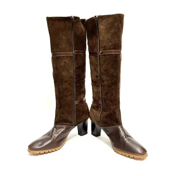 Vintage 1970s brown suede leather accent knee high zip up heeled fashion boots