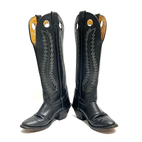 Vintage 1970s men’s black leather keyhole cutout knee high western cowboy boots