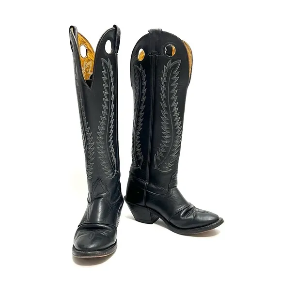 Vintage 1970s men’s black leather keyhole cutout knee high western cowboy boots