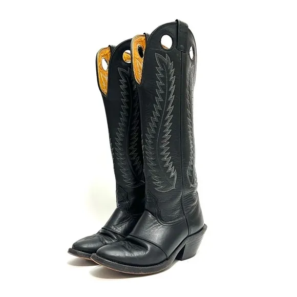 Vintage 1970s men’s black leather keyhole cutout knee high western cowboy boots