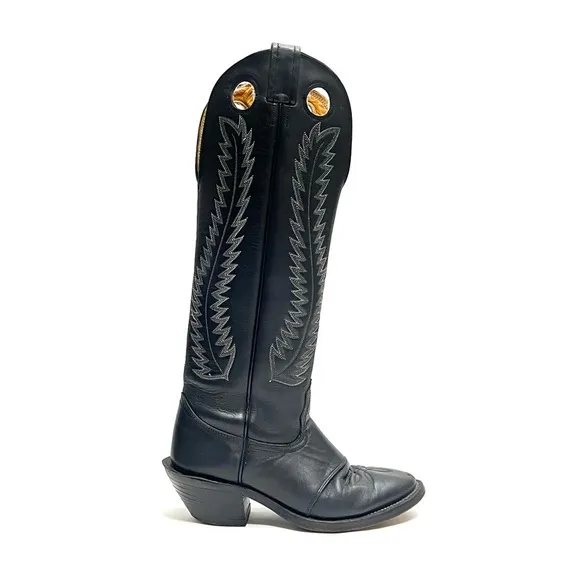Vintage 1970s men’s black leather keyhole cutout knee high western cowboy boots