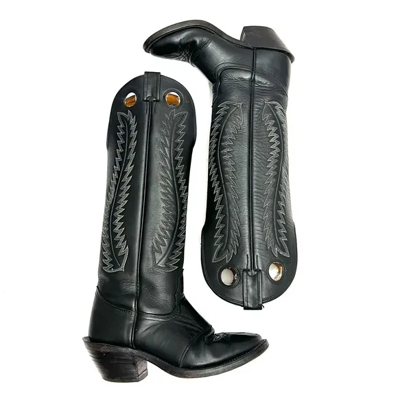 Vintage 1970s men’s black leather keyhole cutout knee high western cowboy boots