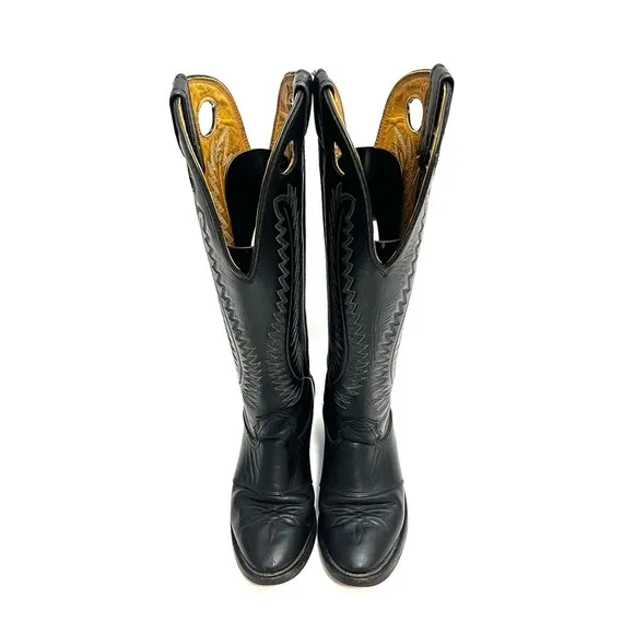 Vintage 1970s men’s black leather keyhole cutout knee high western cowboy boots