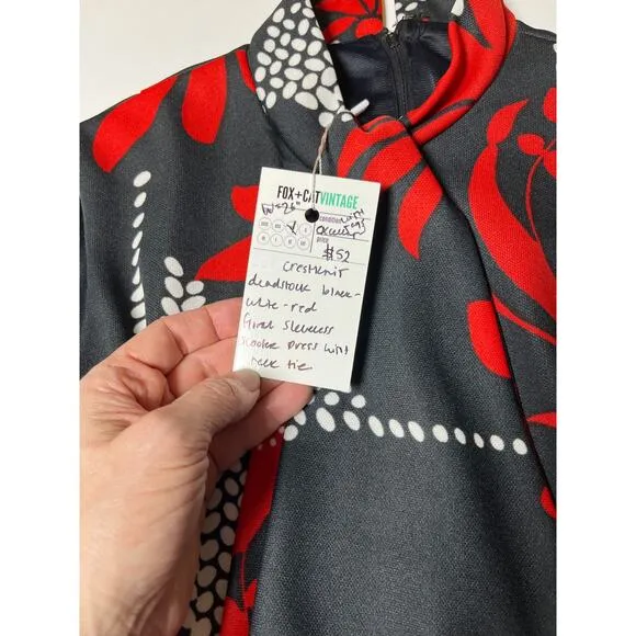 Vintage 60 Sears Crestknit Dress Sz 9 Black Red Floral Mod Scarf Neck Sleeveless