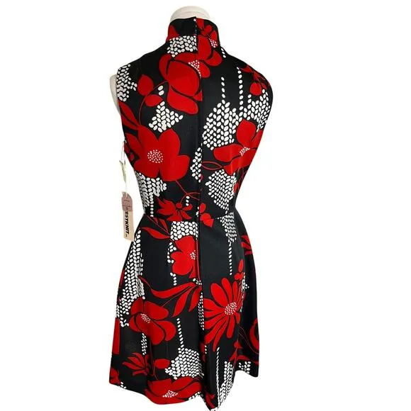Vintage 60 Sears Crestknit Dress Sz 9 Black Red Floral Mod Scarf Neck Sleeveless
