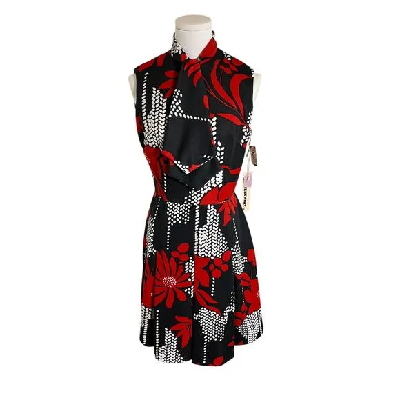 Vintage 60 Sears Crestknit Dress Sz 9 Black Red Floral Mod Scarf Neck Sleeveless
