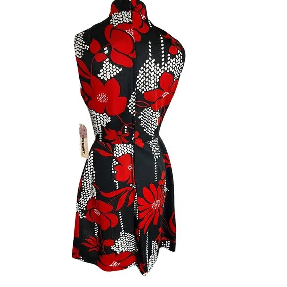 Vintage 60 Sears Crestknit Dress Sz 9 Black Red Floral Mod Scarf Neck Sleeveless