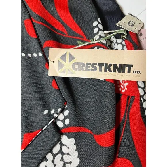 Vintage 60 Sears Crestknit Dress Sz 9 Black Red Floral Mod Scarf Neck Sleeveless