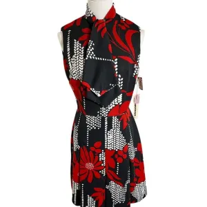 Vintage 60 Sears Crestknit Dress Sz 9 Black Red Floral Mod Scarf Neck Sleeveless