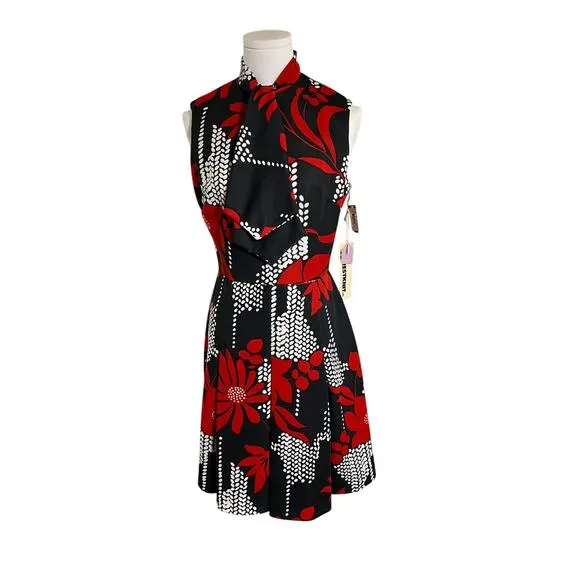 Vintage 60 Sears Crestknit Dress Sz 9 Black Red Floral Mod Scarf Neck Sleeveless