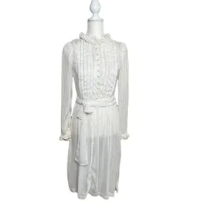 vintage 60s 70s victorian 2 pieces sheer midi dress Shirred Ruffle Neck Ivory