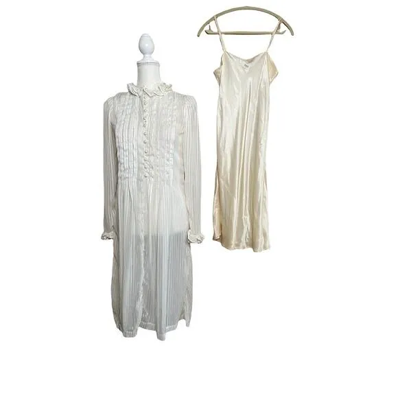 vintage 60s 70s victorian 2 pieces sheer midi dress Shirred Ruffle Neck Ivory