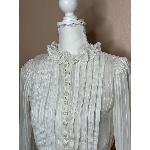 vintage 60s 70s victorian 2 pieces sheer midi dress Shirred Ruffle Neck Ivory