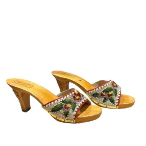 Vintage 70s Beaded Hand Carved Wooden High Heel Mule Sandals Tropical VLV Pin-up