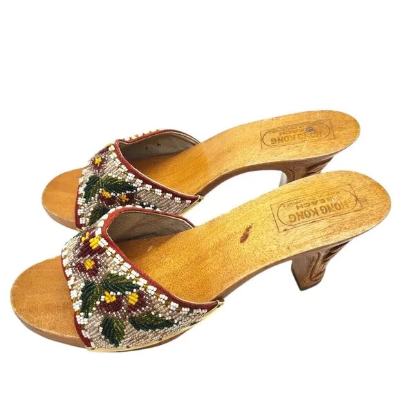 Vintage 70s Beaded Hand Carved Wooden High Heel Mule Sandals Tropical VLV Pin-up