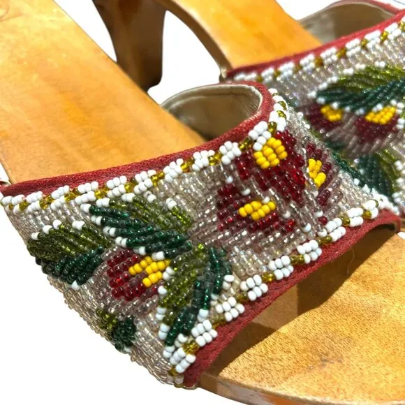 Vintage 70s Beaded Hand Carved Wooden High Heel Mule Sandals Tropical VLV Pin-up