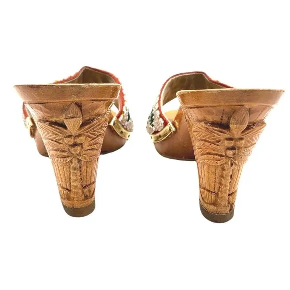 Vintage 70s Beaded Hand Carved Wooden High Heel Mule Sandals Tropical VLV Pin-up