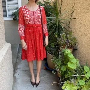 Vintage 70’s reddish orange/white hand made dress with embroidery