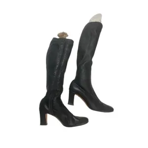 Vintage Amano Bootier Women's Black Leather Knee-High Go Go Boots With Heels