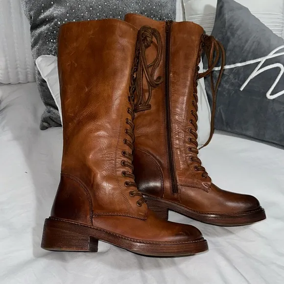 Vintage Foundry Co. Sadelle Tall Leather Boots Brown Lace up Side Zipper Size 7.