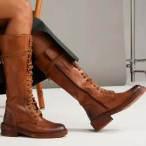Vintage Foundry Co. Sadelle Tall Leather Boots Brown Lace up Side Zipper Size 7.