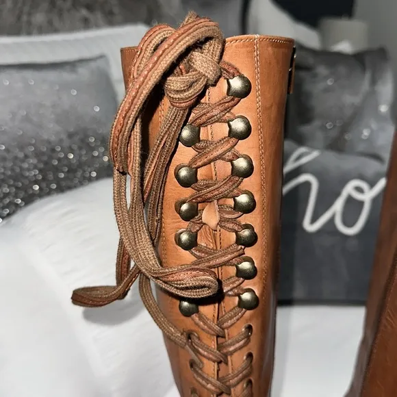 Vintage Foundry Co. Sadelle Tall Leather Boots Brown Lace up Side Zipper Size 7.