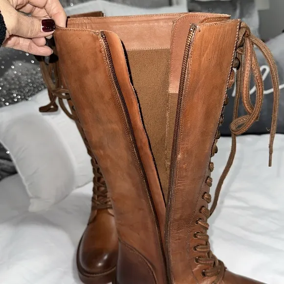 Vintage Foundry Co. Sadelle Tall Leather Boots Brown Lace up Side Zipper Size 7.