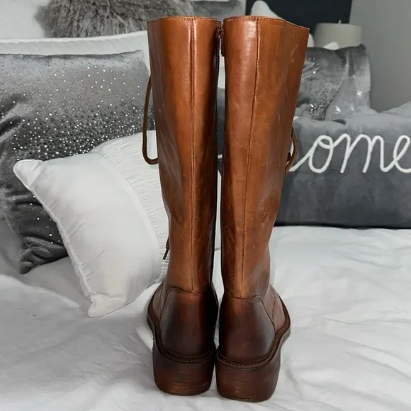Vintage Foundry Co. Sadelle Tall Leather Boots Brown Lace up Side Zipper Size 7.