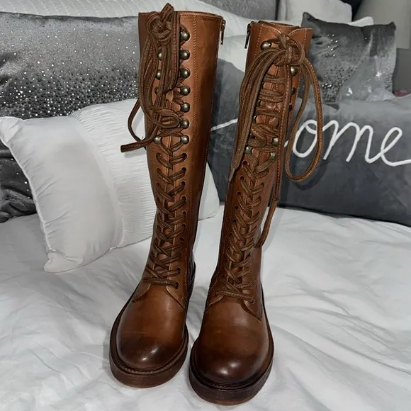 Vintage Foundry Co. Sadelle Tall Leather Boots Brown Lace up Side Zipper Size 7.