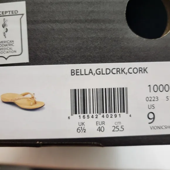 Vionic Bella Sandals Women's Size US 9 EU 40 Gold Cork Toe Post Slip Ons NIB