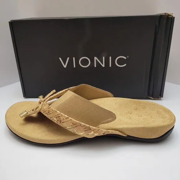 Vionic Bella Sandals Women's Size US 9 EU 40 Gold Cork Toe Post Slip Ons NIB