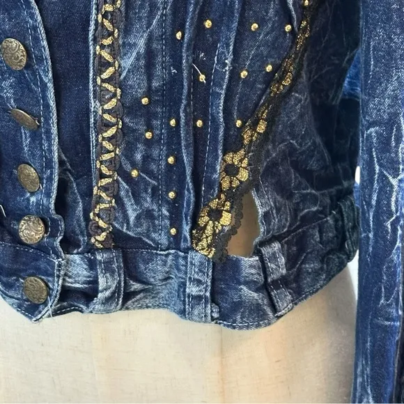 Vtg 80s Western Fringe Denim Jean Statement Jacket Sz S Festival Rockabilly Y2K