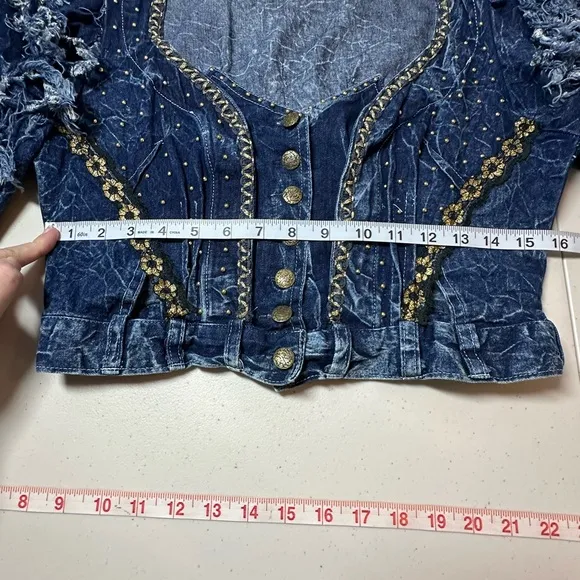 Vtg 80s Western Fringe Denim Jean Statement Jacket Sz S Festival Rockabilly Y2K
