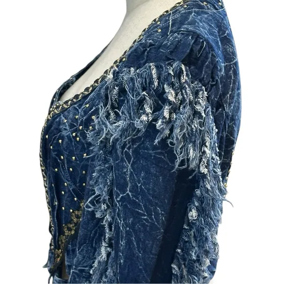 Vtg 80s Western Fringe Denim Jean Statement Jacket Sz S Festival Rockabilly Y2K