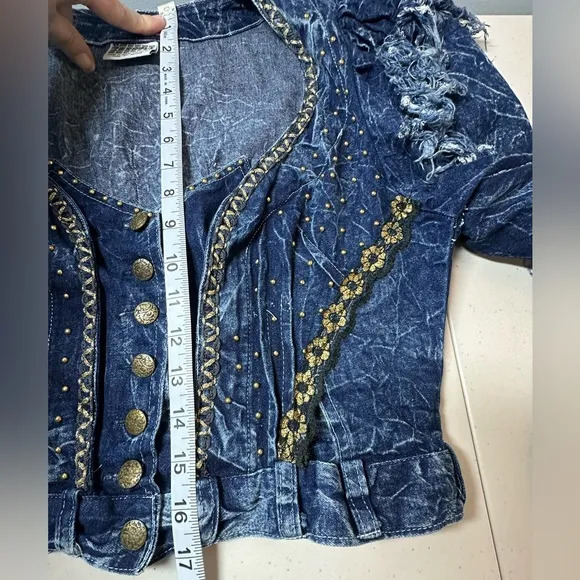 Vtg 80s Western Fringe Denim Jean Statement Jacket Sz S Festival Rockabilly Y2K