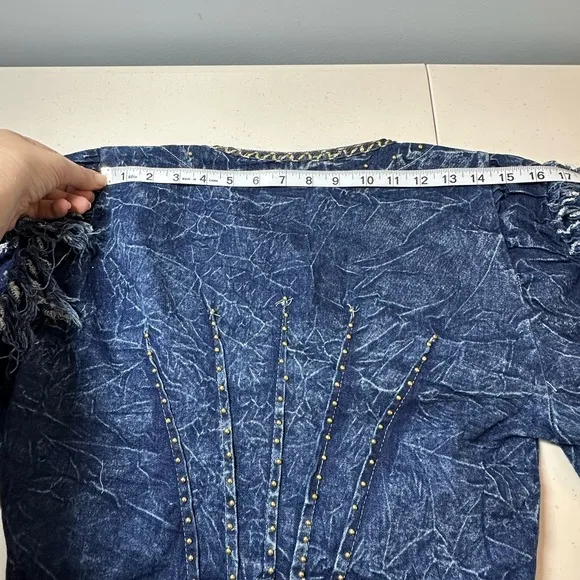 Vtg 80s Western Fringe Denim Jean Statement Jacket Sz S Festival Rockabilly Y2K