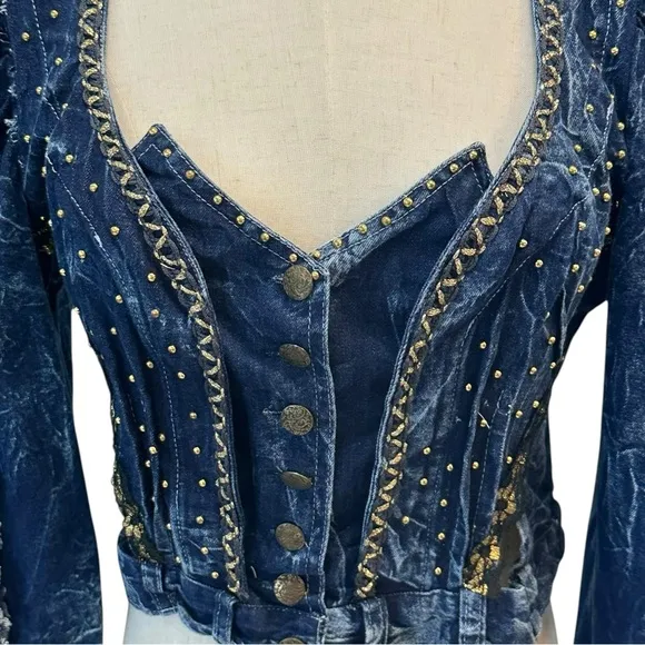 Vtg 80s Western Fringe Denim Jean Statement Jacket Sz S Festival Rockabilly Y2K
