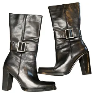 Vtg Y2K Liz Claiborne Womens Harington Boots 8.5M Black Buckle Block Heel Biker