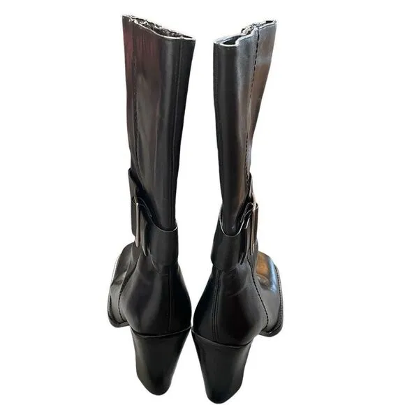 Vtg Y2K Liz Claiborne Womens Harington Boots 8.5M Black Buckle Block Heel Biker